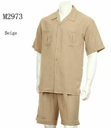 Mens 2-piece Spring - Summer Casual Short Sleeve Shirt Set - Walking Suit Plus Matching Pants - Beige