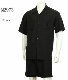 Mens 2-piece Spring - Summer Casual Short Sleeve Shirt Set - Walking Suit Plus Matching Pants- Black