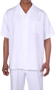 New Mens 2pc Walking Suit Short Sleeve Casual Shirt and Pants Set - White