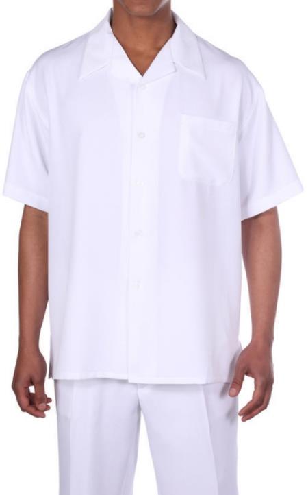 New Mens 2pc Walking Suit Short Sleeve Casual Shirt and Pants Set - White