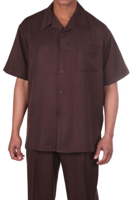 New Mens 2pc Walking Suit Short Sleeve Casual Shirt and Pants Set - Brown