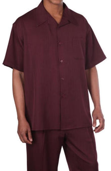 New Mens 2pc Walking Suit Short Sleeve Casual Shirt and Pants Set - Burgundy