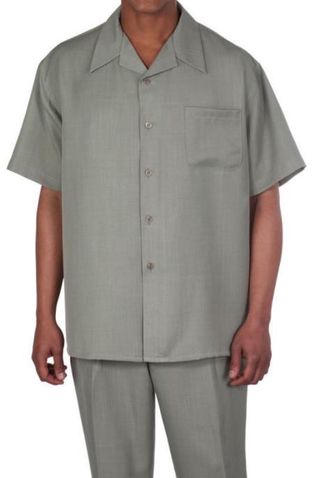 New Mens 2pc Walking Suit Short Sleeve Casual Shirt and Pants Set - Olive