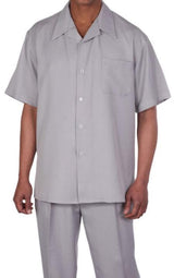 New Mens 2pc Walking Suit Short Sleeve Casual Shirt and Pants Set - Gray