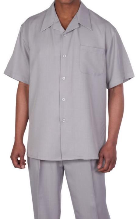 New Mens 2pc Walking Suit Short Sleeve Casual Shirt and Pants Set - Gray