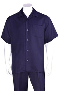 New Mens 2pc Walking Suit Short Sleeve Casual Shirt and Pants Set - Navy
