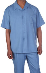 New Mens 2pc Walking Suit Short Sleeve Casual Shirt and Pants Set - Blue