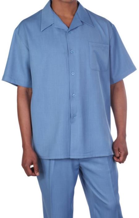 New Mens 2pc Walking Suit Short Sleeve Casual Shirt and Pants Set - Blue