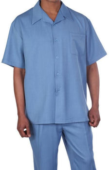 New Mens 2pc Walking Suit Short Sleeve Casual Shirt and Pants Set - Blue