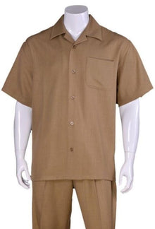 New Mens 2pc Walking Suit Short Sleeve Casual Shirt and Pants Set - Tan