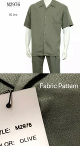 New Mens 2pc Walking Suit Short Sleeve Casual Shirt and Pants Set - M2976 D Olive