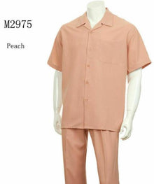 New Mens 2pc Walking Suit Short Sleeve Casual Shirt and Pants Set - M2975 Peach