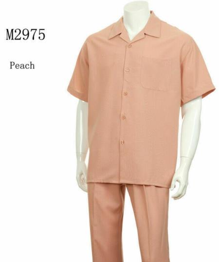 New Mens 2pc Walking Suit Short Sleeve Casual Shirt and Pants Set - M2975 Peach