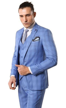 Plaid Suit - Light Blue Suit - Vested Suit - Sky Blue Summer Suit