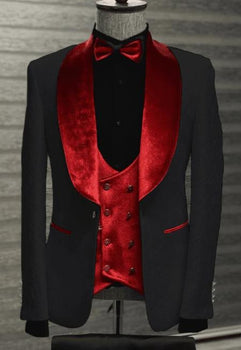 Black and Red Velvet Lapel Tuxedo - Red Wedding Tuxedo - Two Toned