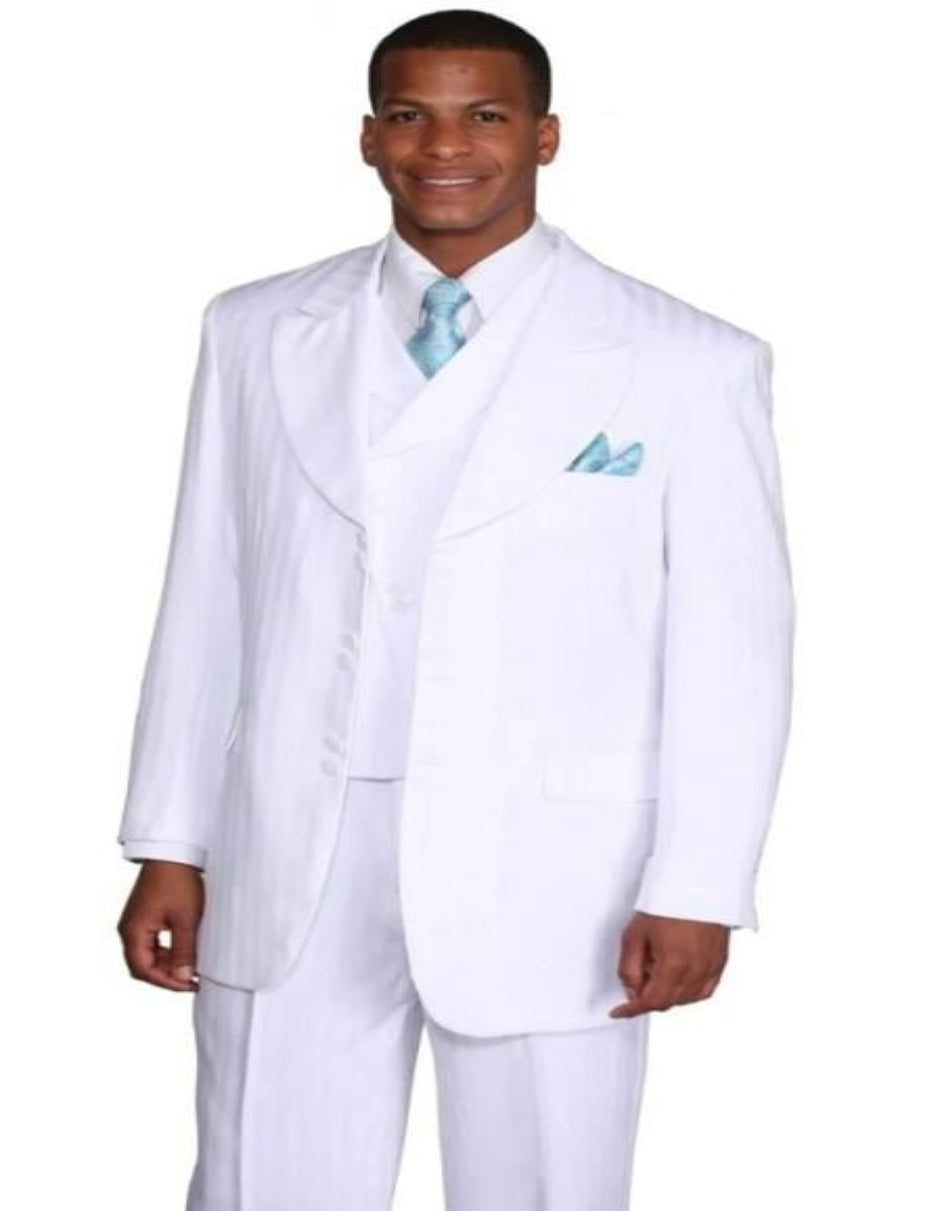 Mens Fashion Slanted Vested Peak Lapel Pleated Pant Tonal Pinstripe Suits in White