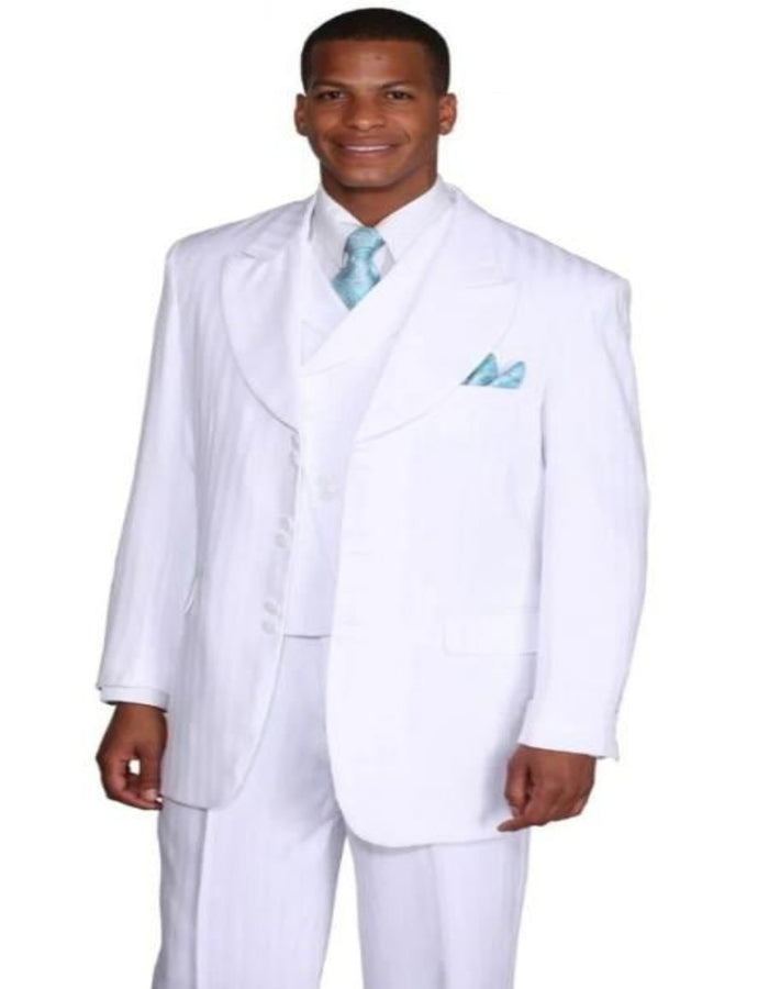 Mens Fashion Slanted Vested Peak Lapel Pleated Pant Tonal Pinstripe Suits in White