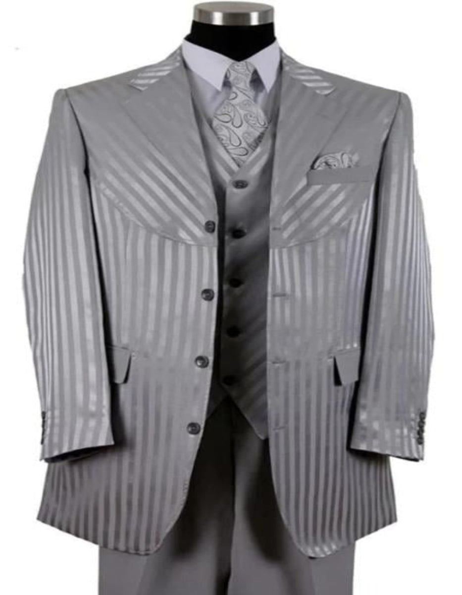 Mens 4 Button Notch Label Semi Wide Leg Shiny Tonal Stripe Fashion Sui