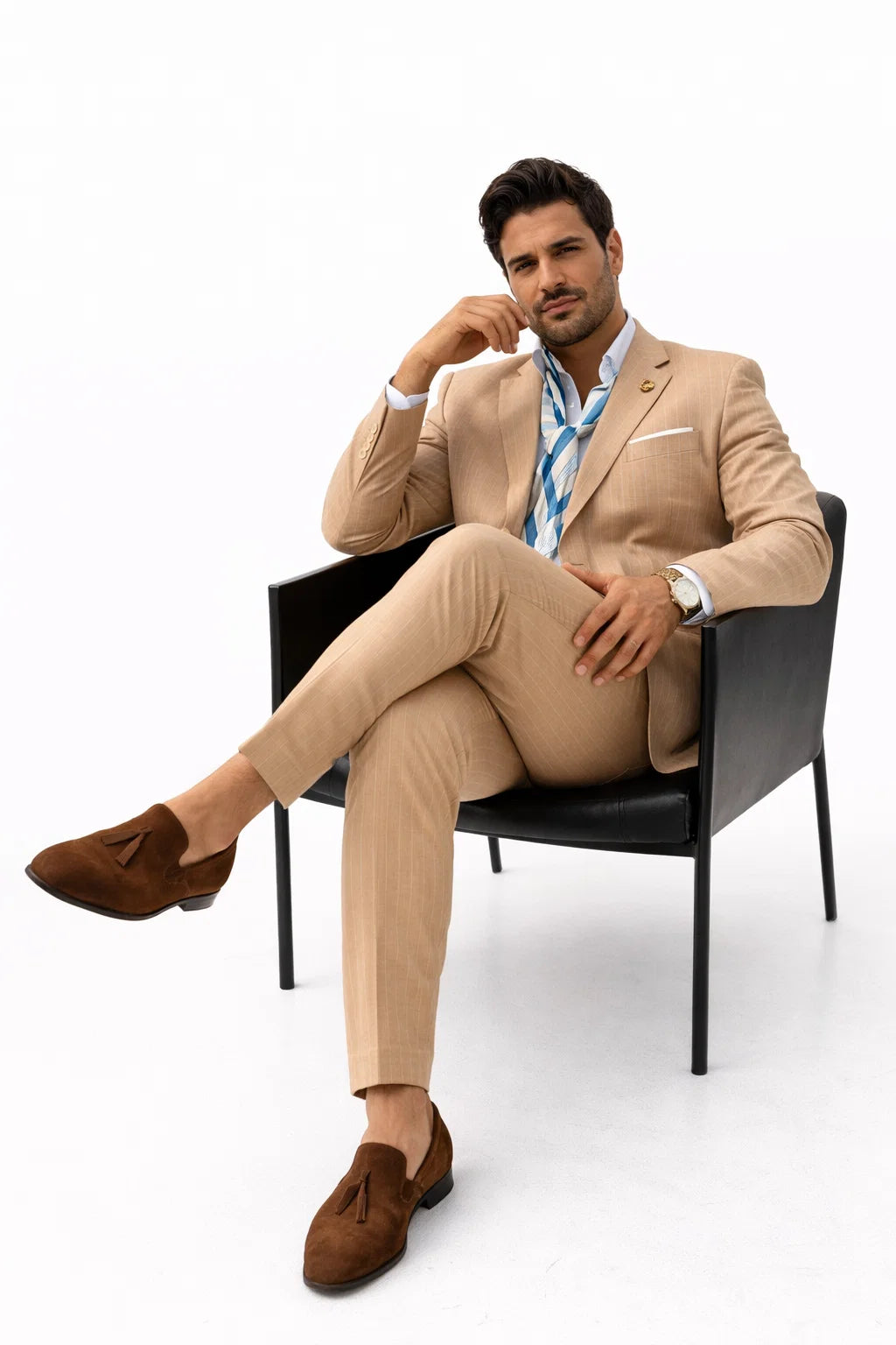 Mens Bronze - Tan Pinstripe - Camel Double Breasted Pinstripe Suit - Flat Front Pants - Image 4