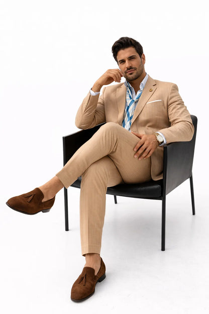Mens Bronze - Tan Pinstripe - Camel Double Breasted Pinstripe Suit - Flat Front Pants - Image 4