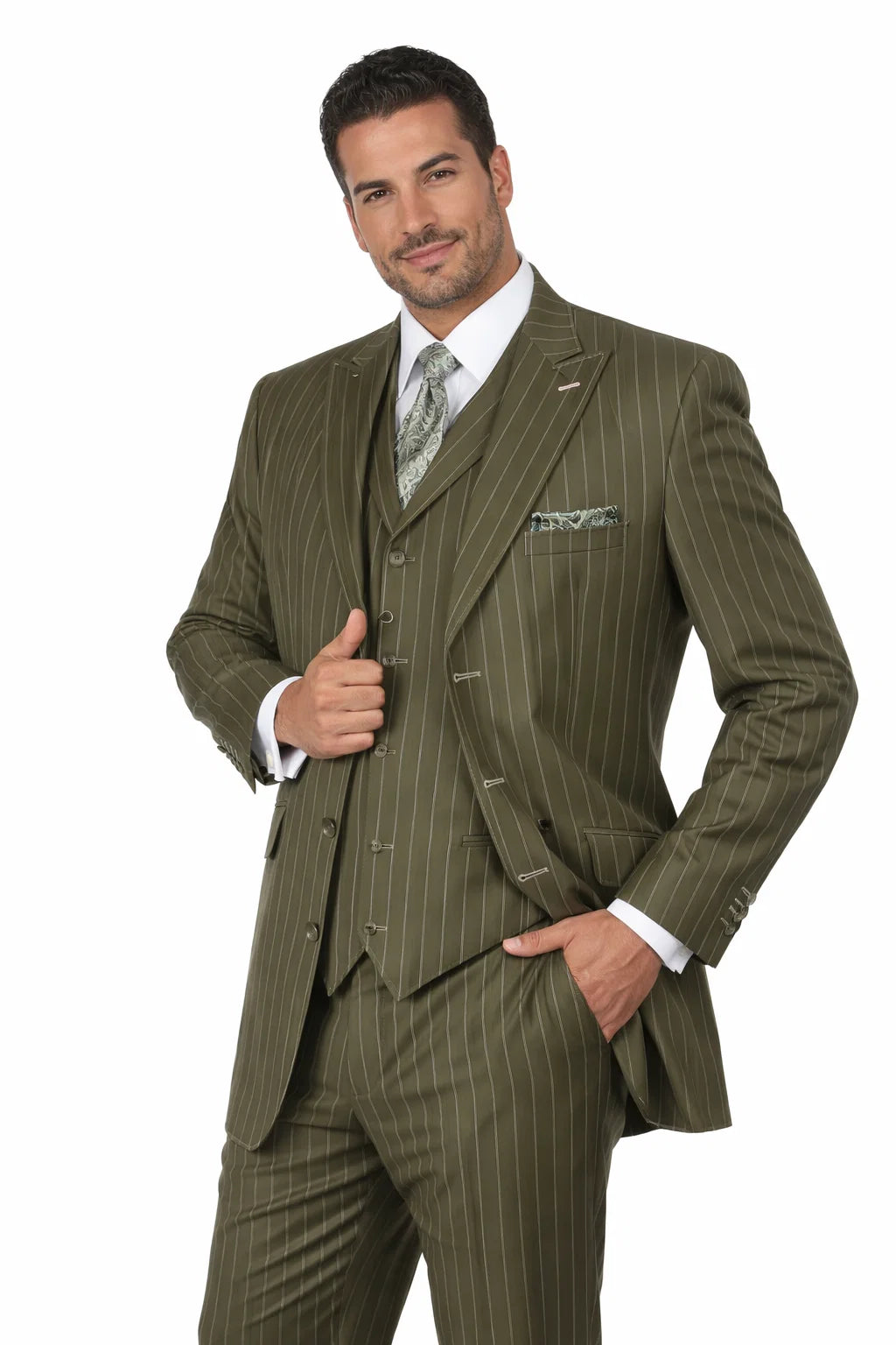 Men’s Vintage Vested Gangster Pinstripe Suit – Bold Olive Green Fashion 3-Piece Set Modern Fit