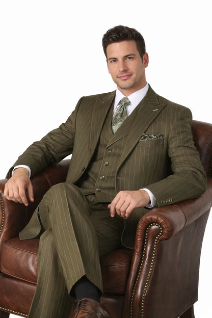 Men’s Vintage Vested Gangster Pinstripe Suit – Bold Olive Green Fashion 3-Piece Set Modern Fit