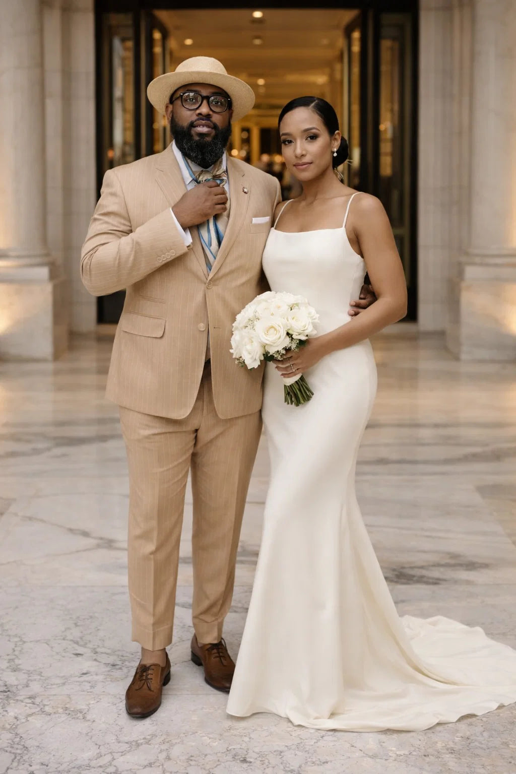 Mens Bronze - Tan Pinstripe - Camel Double Breasted Pinstripe Suit - Flat Front Pants - Image 6