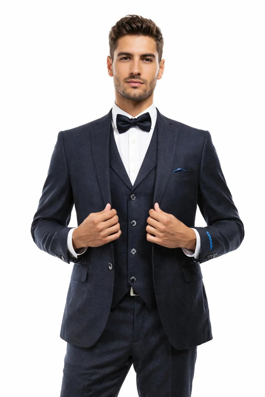 Men’s Navy Blue Vintage Tweed Wedding Suit – Two Button Jacket with Matching Vest Modern Fit