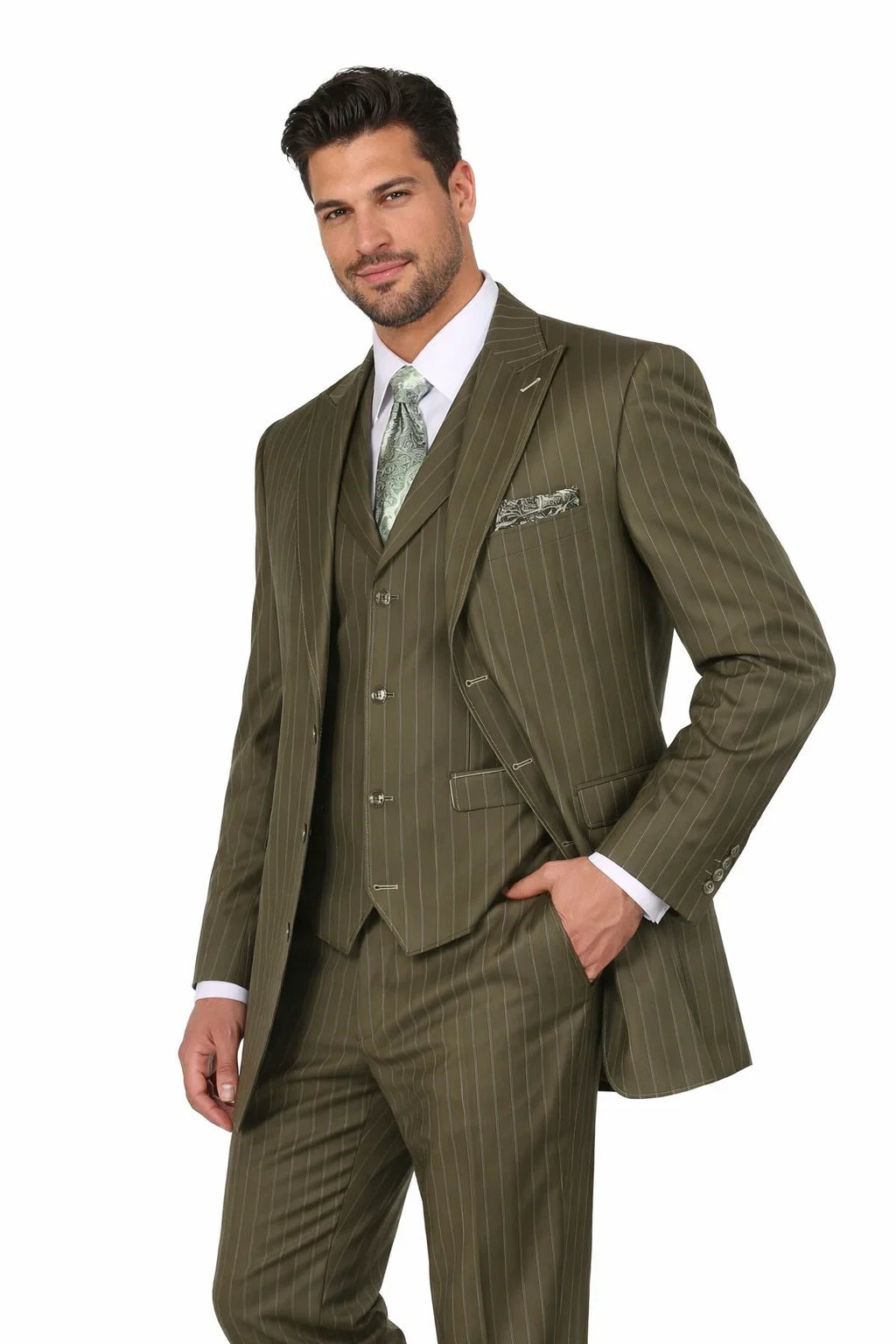 Men’s Vintage Vested Gangster Pinstripe Suit – Bold Olive Green Fashion 3-Piece Set Modern Fit