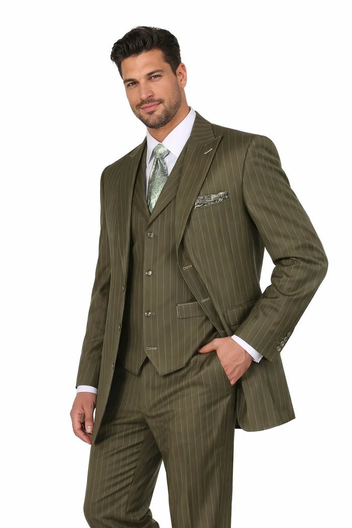 Men’s Vintage Vested Gangster Pinstripe Suit – Bold Olive Green Fashion 3-Piece Set Modern Fit