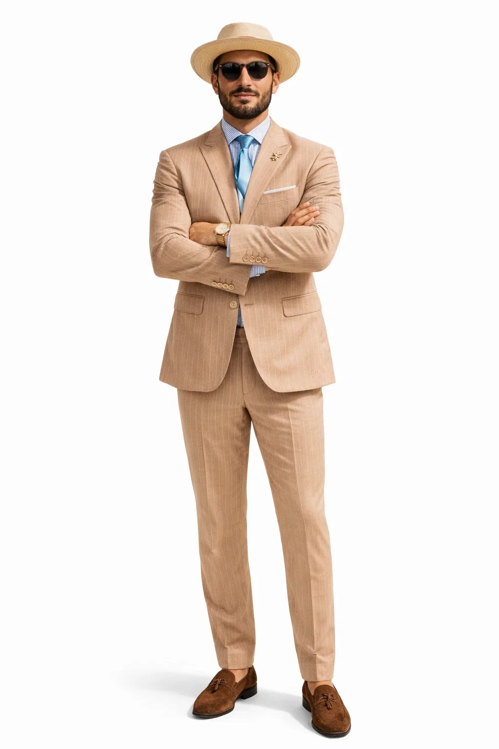 Mens Bronze - Tan Pinstripe - Camel Double Breasted Pinstripe Suit - Flat Front Pants - Image 5