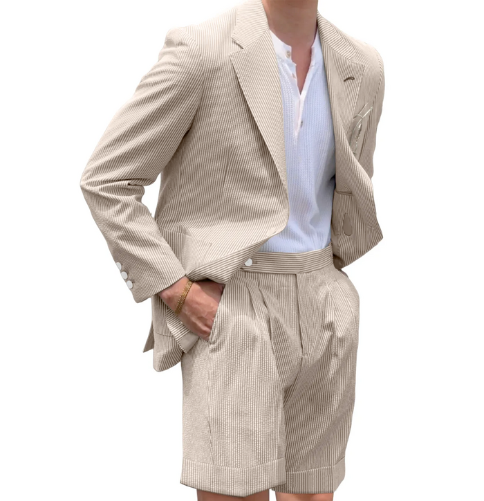 Mens Seersucker Suit With Short in Color Light Beige  - Summer Fabric Casual look Mini Pinstripe Modern Fit
