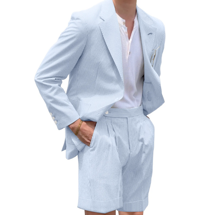 Men’s Light Blue Seersucker Suit with Shorts, Summer Mini Pinstripe Casual Dress Outfit Modern Fit