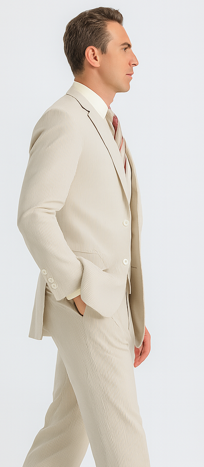 Mens Three Piece Suit - Jacket and Pants Suit Mens 3 Piece Jacket and Pants Seersucker Sear Sucker Suit - Flat Front Pants Tan ~ Beige ~ Sand