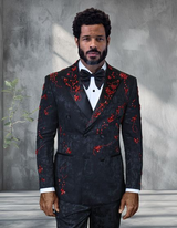 Mens Black And Red Sequin Double Breasted Tuxedo