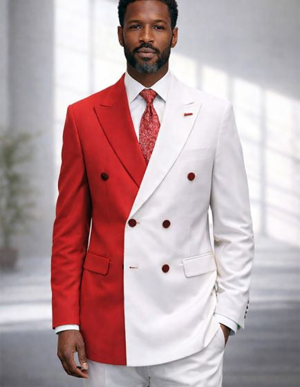 Mens Red and White Suits  Double Breasted Suit - Real Wool Fabric By Statement Modern Fit