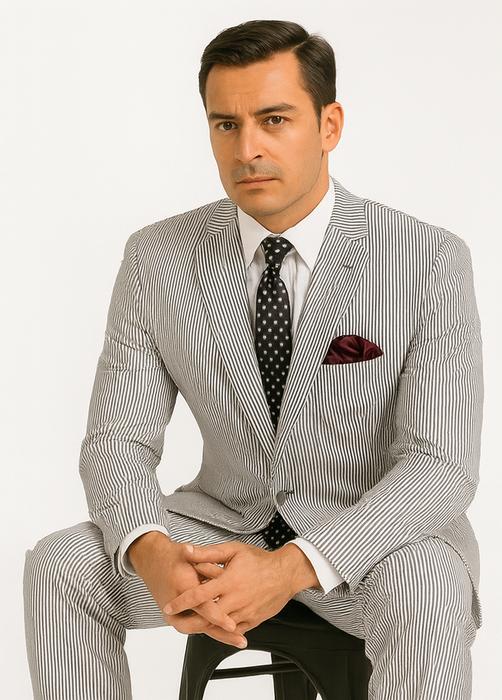 Men's 2pc Summer Seersucker Modern Fit Suit In Black Pinstripe