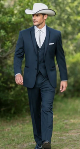 2 Button Vested Satin Trim Lapel Cowboy Tuxedo in Navy