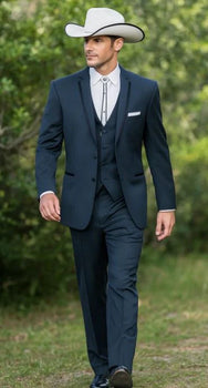 2 Button Vested Satin Trim Lapel Cowboy Tuxedo in Navy - Image 7