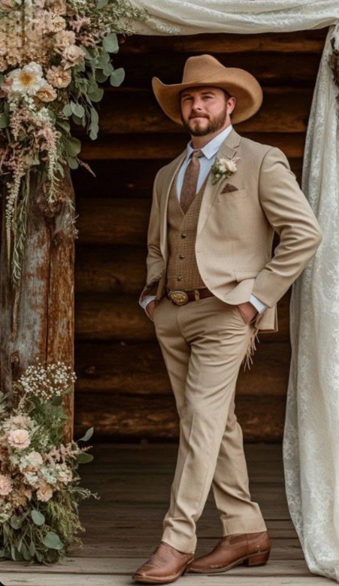 Stylish Cowboy Wedding Suit for Men – Rustic Old Western Elegance - Traje Para Hombre Tan with Brown Vest Color