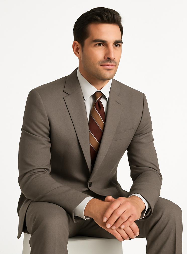 Men's Taupe Regular Fit Birdseye Pattern Side Vent Two Button Suit - Image 5