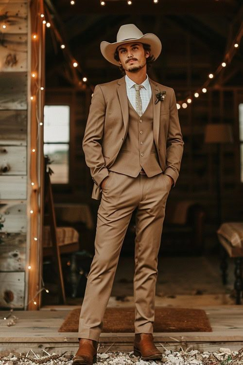 Modern Cowboy Style Suit for Men – Rustic Coffee Brown Taupe Carmel Color Western Elegance - Traje Para Hombre
