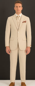 Mens Three Piece Suit - Vested Suit Mens 3 Piece Vested Seersucker Sear Sucker Suit - Flat Front Pants Tan ~ Beige ~ Sand