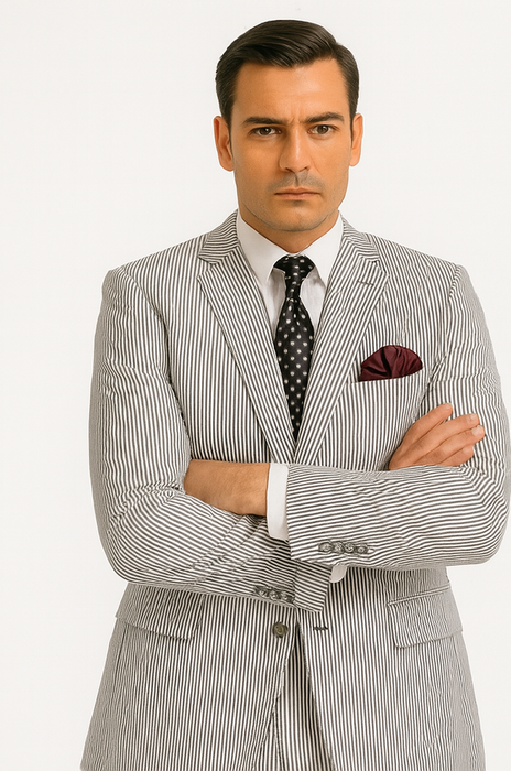 Men's 2pc Summer Seersucker Modern Fit Suit In Black Pinstripe