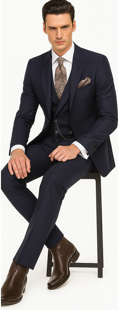 Mens Suit With Double Breasted Vest 100% - Big Peak Lapel Tom Ford Style! - 100% Percent Wool Fabric Suits - Worsted Wool Business Suit Modern Fit