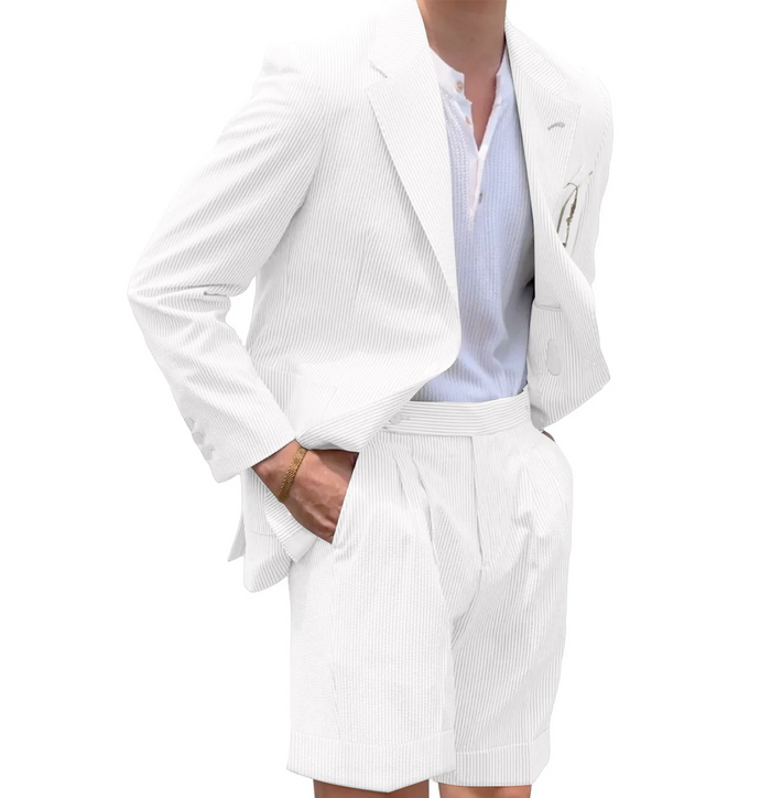 Men’s White Seersucker Suit with Shorts, Summer Wedding Beach Casual Mini Pinstripe Suit Set Modern Fit