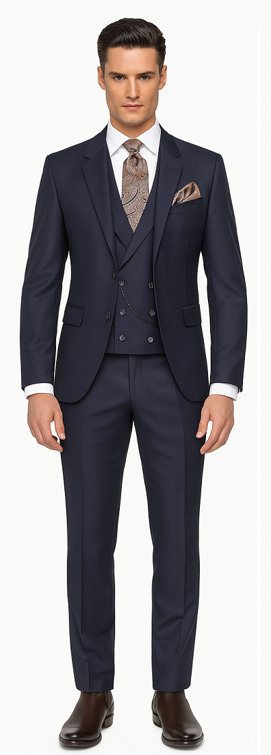 Mens Suit With Double Breasted Vest 100% - Big Peak Lapel Tom Ford Style! - 100% Percent Wool Fabric Suits - Worsted Wool Business Suit Modern Fit