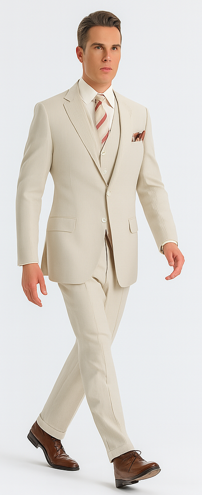 Mens Three Piece Suit - Jacket and Pants Suit Mens 3 Piece Jacket and Pants Seersucker Sear Sucker Suit - Flat Front Pants Tan ~ Beige ~ Sand