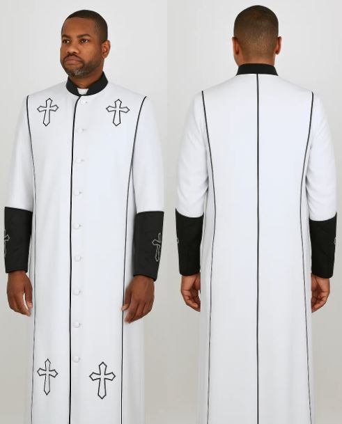 White/Black Cross Accent Robe With Stole Mandarin Suits
