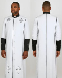 Men'S Big & Tall Church White/Black Cross Accent Robe With Stole Mandarin Suits